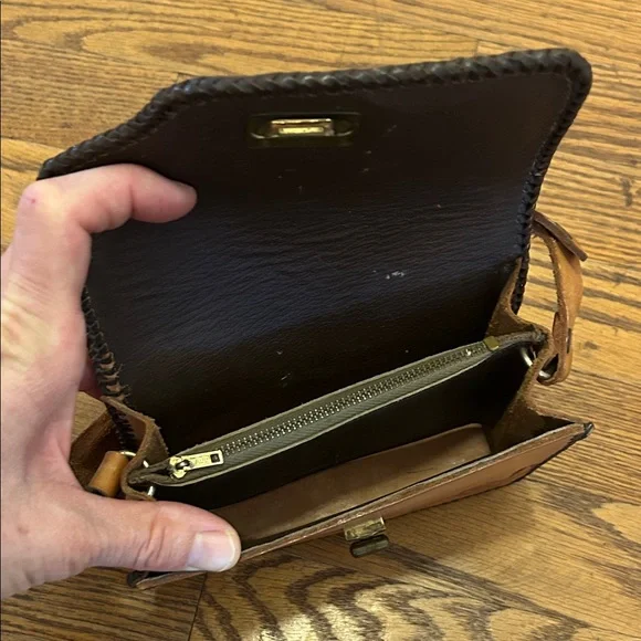 Handcrafted Leather Clutch Small Brown Floral Detail Adjustable Strap - Picture 3 of 9